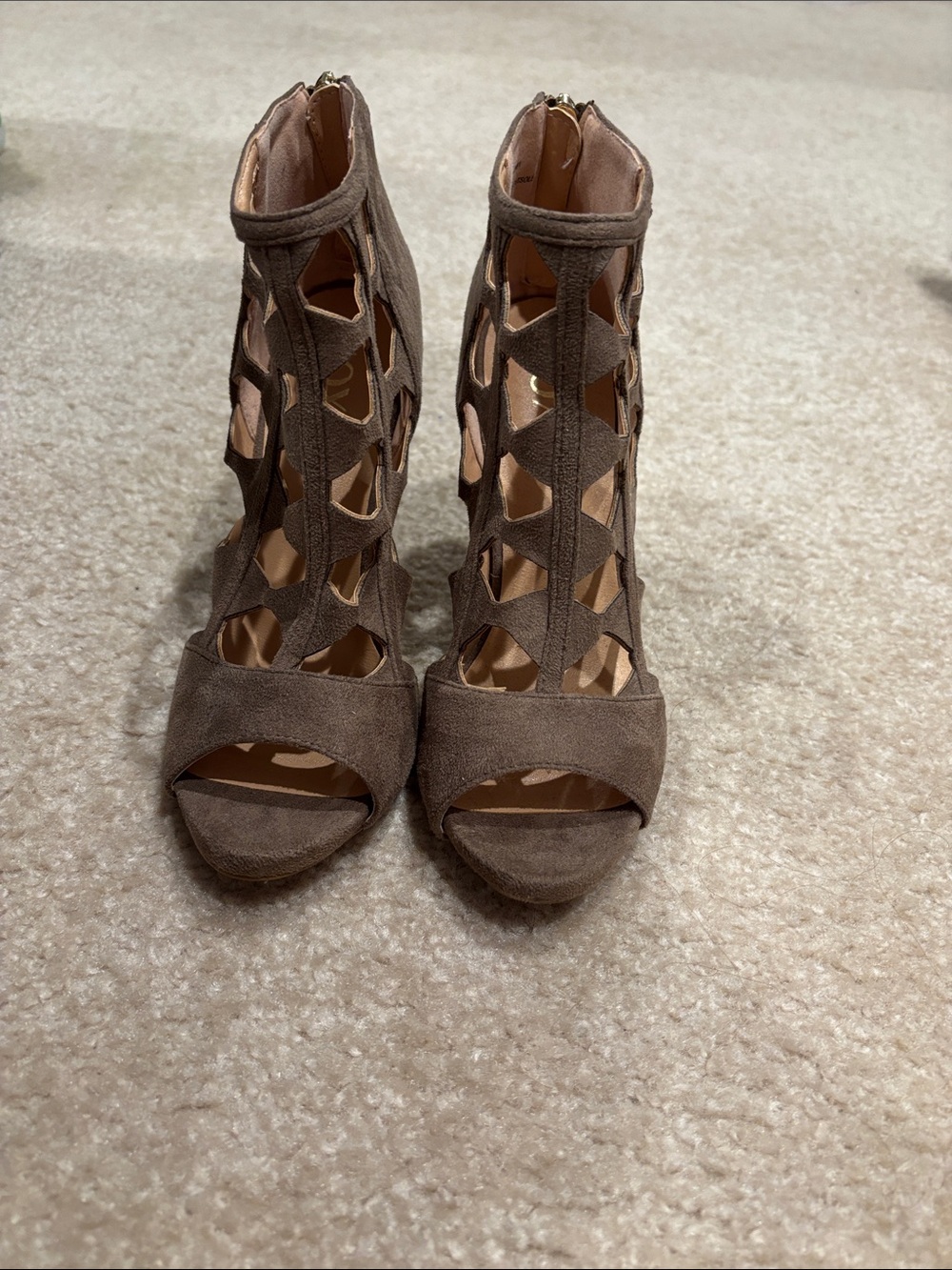 XOXO Taupe Cutout Suede Peep-Toe Block Heels
